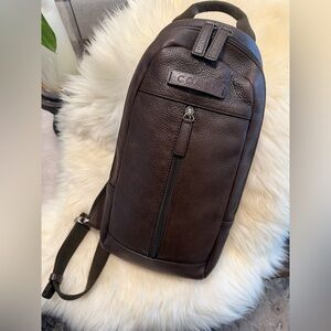 COACH MEN’s Pebbled Leather Dark Brown Sling Bag